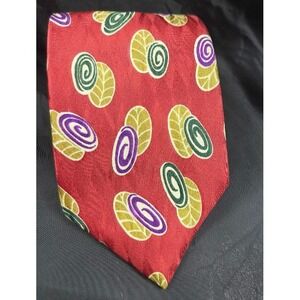 Chaps Ralph Lauren Men's Silk Necktie Red Green Gold Leaves Swirl Purple